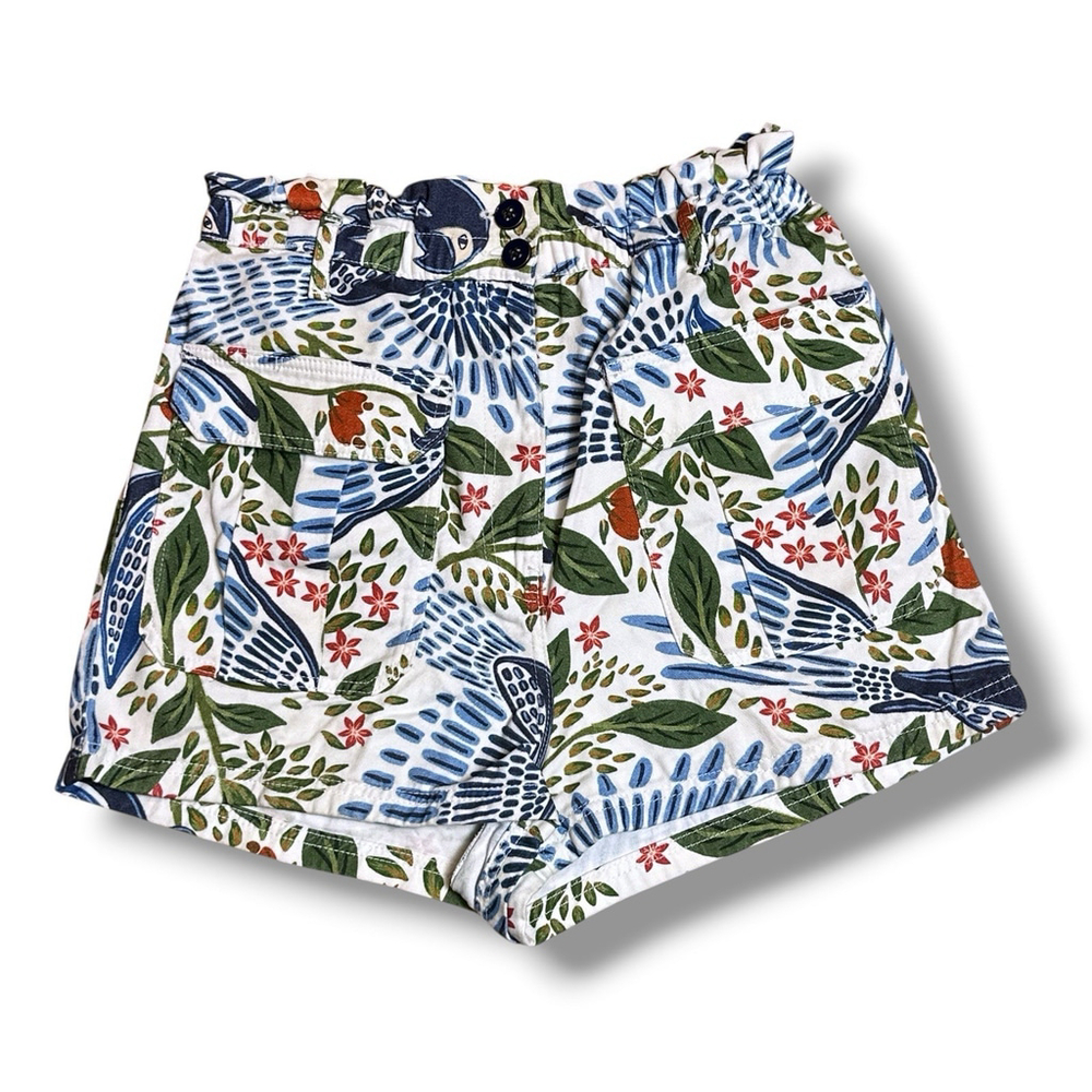 Farm Rio Women Paperbag Blue Macaw Cotton Tie Waist Shorts Size M MISSING BELT